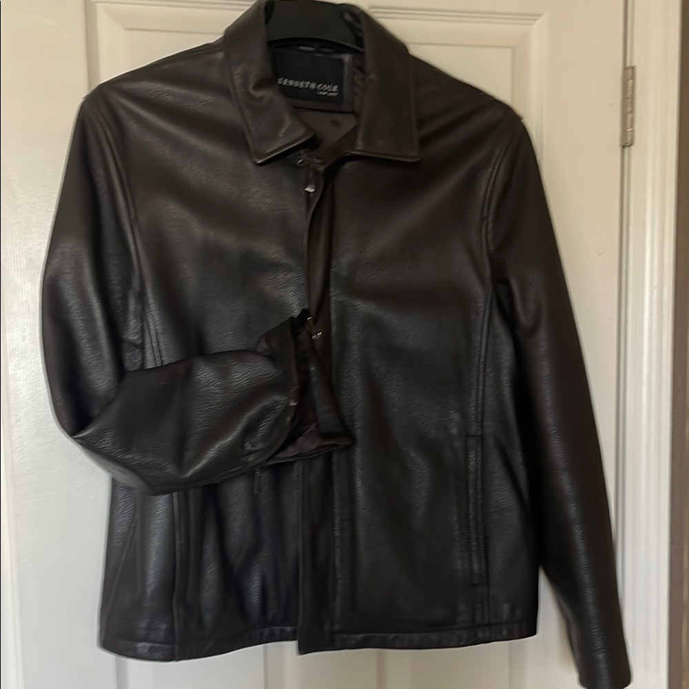 Kenneth Cole Black/Brown Bomber Jacket Smooth Leather Varsity Style